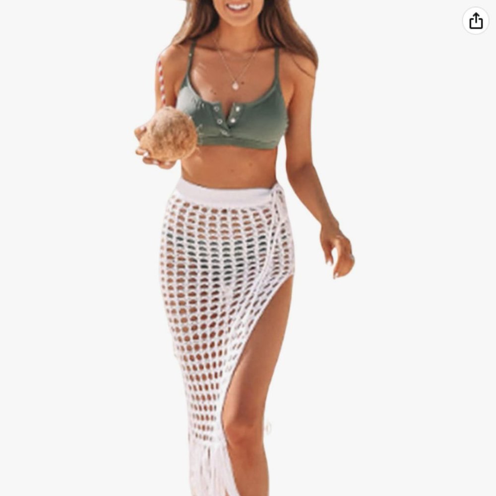 NWOT Mesh Tassle Skirts Beach Cover Up Summer Fish Net Swimsuit Wrap Maxi Sarong